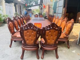 Siêu phẩm 2 bàn ăn hoàng gia 24 ghế louis bọc đệm gỗ gõ đỏ (Anh Định, Vĩnh Phúc) 22 bàn ghế ăn cao cấp đục 2 mặt