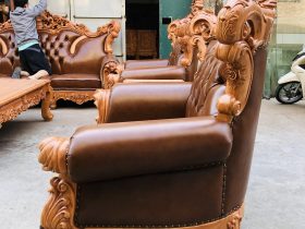Bàn giao bộ bàn ghế hoàng gia bọc đệm gỗ gõ đỏ 10 món cho Anh Nghiêm- Bắc Ninh 28 vai ghế ôm cong kết hợp bệ tỳ tay bọc da