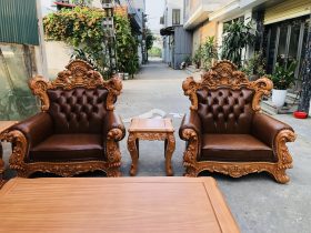Bàn giao bộ bàn ghế hoàng gia bọc đệm gỗ gõ đỏ 10 món cho Anh Nghiêm- Bắc Ninh 18 bộ đôi ghế đơn louis hoàng gia