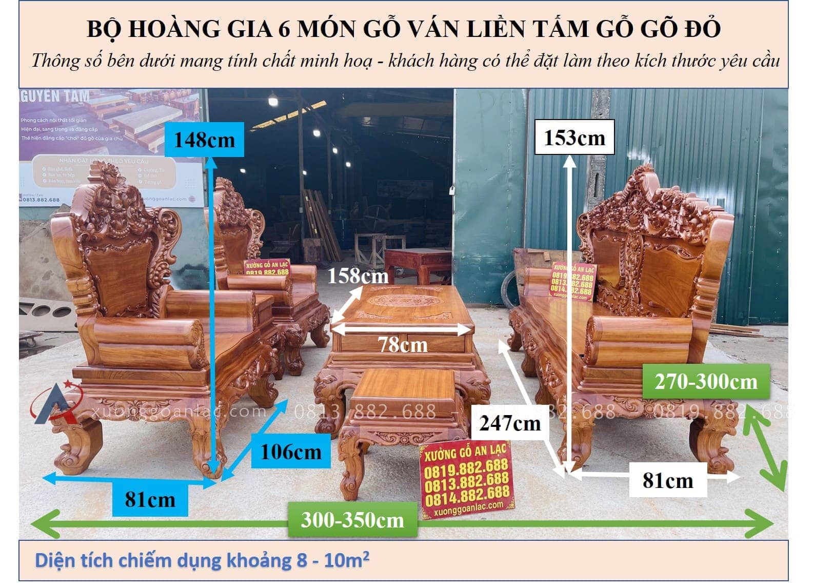 Bộ bàn ghế louis hoàng gia nguyên khối 6 món gỗ gõ đỏ của Chú Minh , Quy Nhơn 33 kích thước BỘ HOÀNG GIA 6 MÓN GỖ VÁN LIỀN TẤM GỖ GÕ ĐỎ