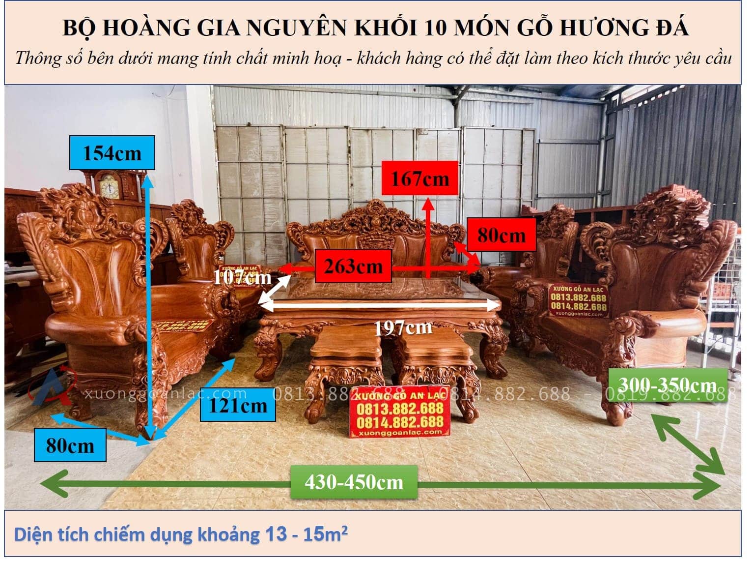 Mẫu bàn ghế hoàng gia nguyên khối 10 món gỗ hương đá (Chú Sang,Lộc Ninh) 43 KÍCH THƯỚC BỘ HOÀNG GIA NGUYÊN KHỐI 10 MÓN GỖ HƯƠNG ĐÁ