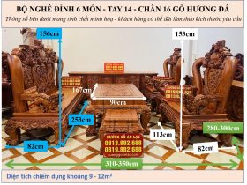 Kích thước Nghê đỉnh 6 món tay 14 chân 16 gỗ hương đá