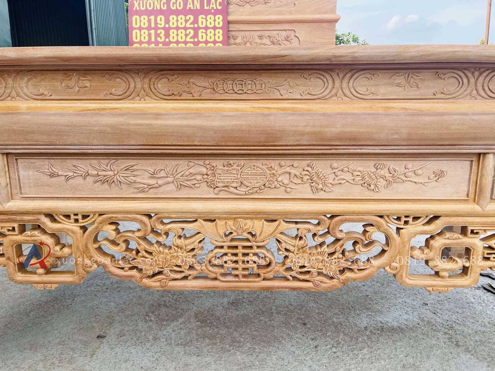 Án gian dơi ngũ phúc cỡ đại 2m57 gỗ gõ đỏ chú Hợp - Nam Định 30 phần dạ trung tâm đục tỉa tinh xảo