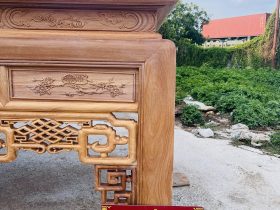 Án gian dơi ngũ phúc cỡ đại 2m57 gỗ gõ đỏ chú Hợp - Nam Định 20 dạ chia ô đục tranh hoa đào