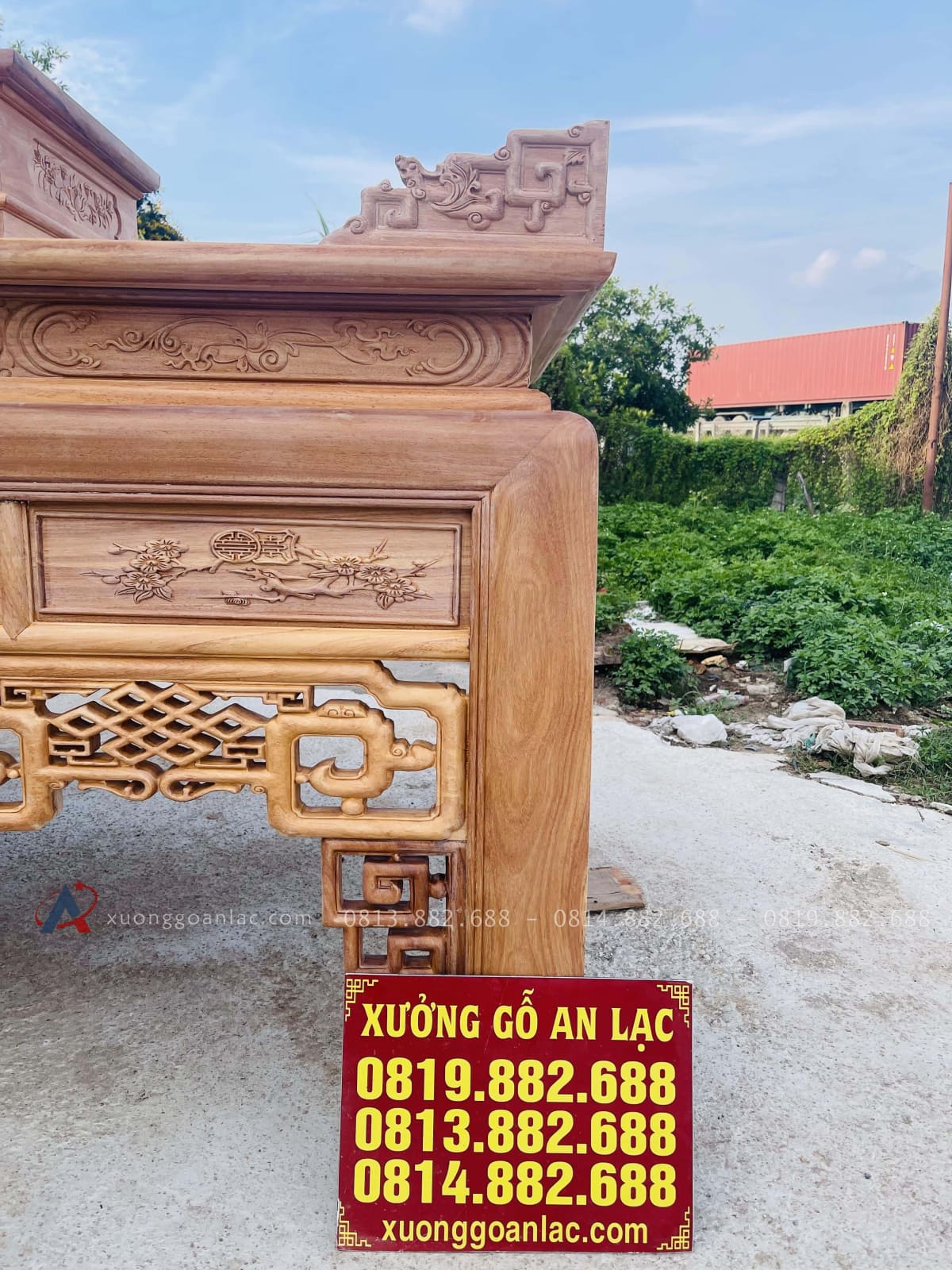 Án gian dơi ngũ phúc cỡ đại 2m57 gỗ gõ đỏ chú Hợp - Nam Định 32 dạ chia ô đục tranh hoa đào