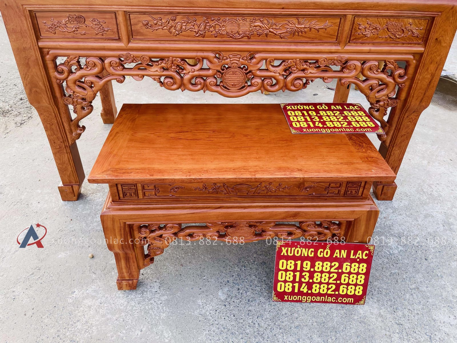 Mẫu án gian thờ ngũ phúc và bàn cơm 1m97 chú Hải - Bắc Ninh 13 mặt bàn khung tranh ván liền