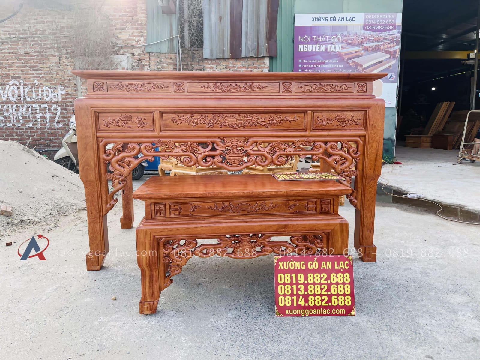 Mẫu án gian thờ ngũ phúc và bàn cơm 1m97 chú Hải - Bắc Ninh 37 bộ đôi án gian và bàn cơm gỗ hương đá