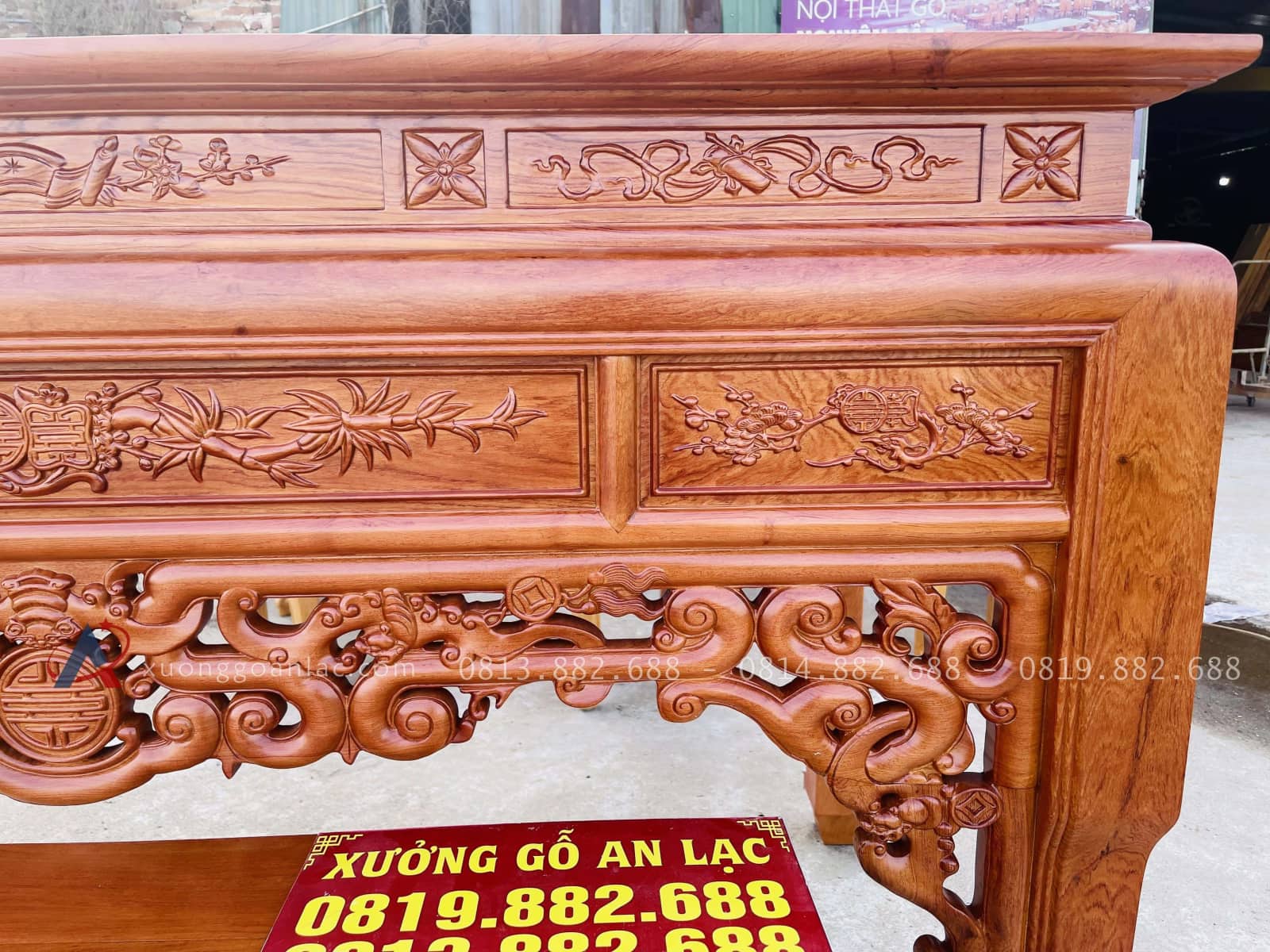 Mẫu án gian thờ ngũ phúc và bàn cơm 1m97 chú Hải - Bắc Ninh 8 cổ án gian 12p đục họa tiết