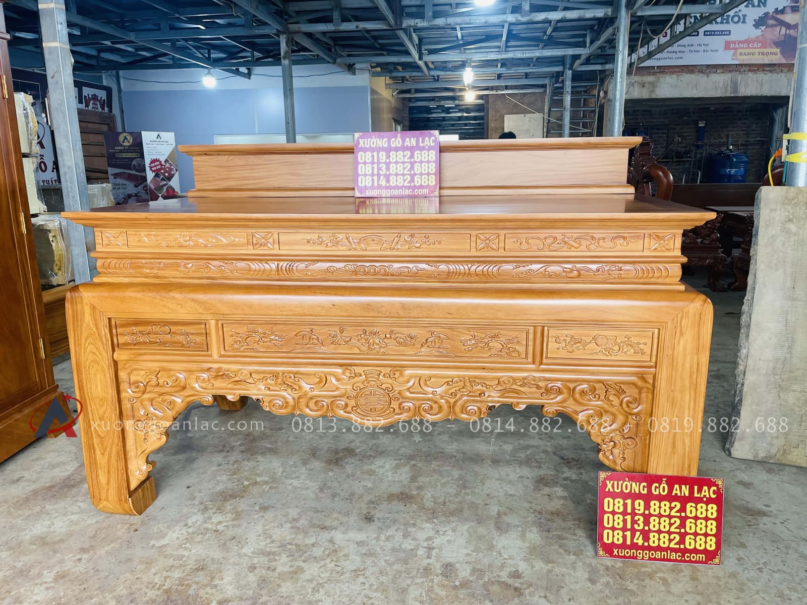 Mẫu án gian thờ nhị cấp Dơi Ngũ Phúc 2m17 gỗ gõ đỏ chân 12 (Chú Kỳ, Hòa Bình) 20 mẫu án gian thờ nhị cấp dơi ngũ phúc