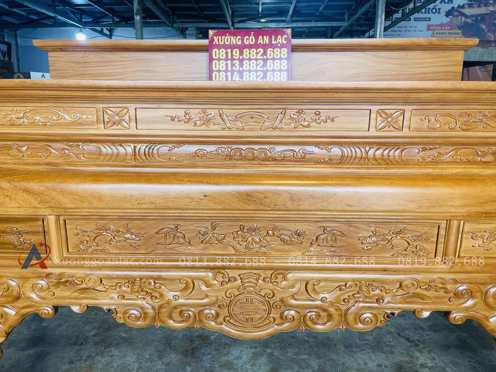 Mẫu án gian thờ nhị cấp Dơi Ngũ Phúc 2m17 gỗ gõ đỏ chân 12 (Chú Kỳ, Hòa Bình) 24 mặt tiền của án gian