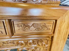 Mẫu án gian thờ nhị cấp Dơi Ngũ Phúc 2m17 gỗ gõ đỏ chân 12 (Chú Kỳ, Hòa Bình) 17 họa tiết tùng phúc thọ