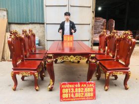 bàn ăn hoàng gia 6 ghế louis gõ gõ đỏ dát vàng