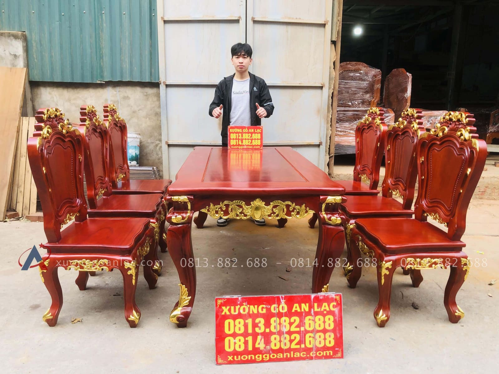 Bộ bàn ăn hoàng gia 1m8x90 6 ghế louis gỗ gõ đỏ dát vàng (Anh Đăng, Thái Nguyên) 22 bàn ăn hoàng gia 6 ghế louis gõ gõ đỏ dát vàng