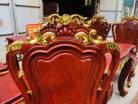 Bộ bàn ăn hoàng gia 1m8x90 6 ghế louis gỗ gõ đỏ dát vàng (Anh Đăng, Thái Nguyên) 20 chương ghế đục hoa lá tây