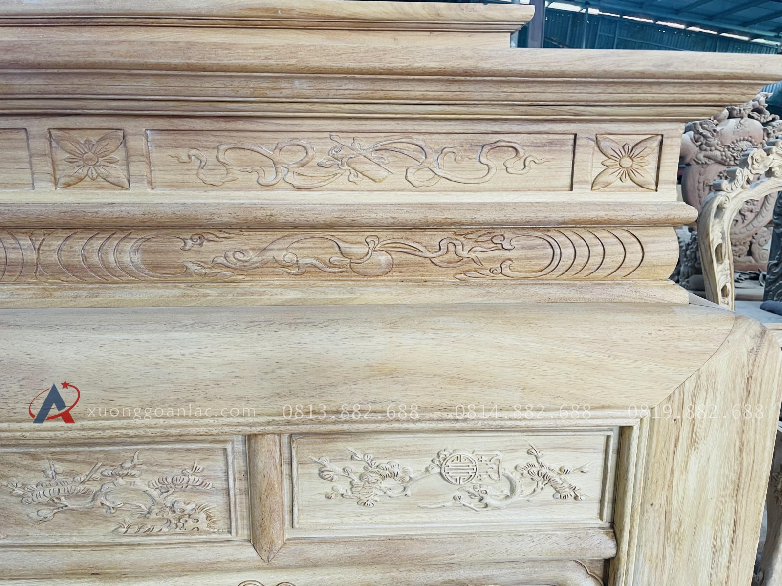 Bản mộc án gian thờ nhị cấp dơi ngũ phúc 2m17 giao Hà Tĩnh 32 án gian gỗ gõ đục họa tiết thủ công