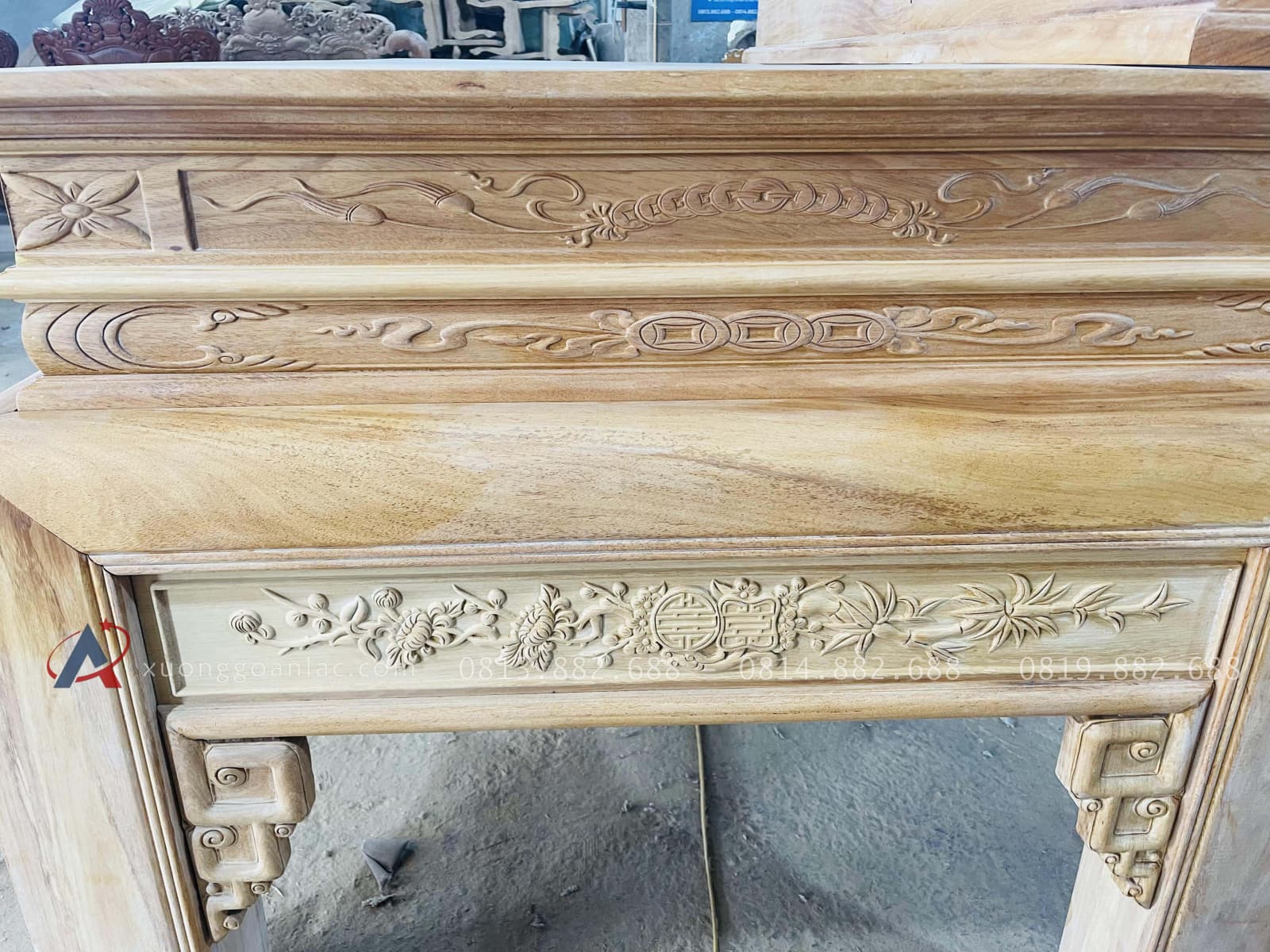 Bản mộc án gian thờ nhị cấp dơi ngũ phúc 2m17 giao Hà Tĩnh 33 hồi án gian thiết kế cầu kỳ tinh xảo