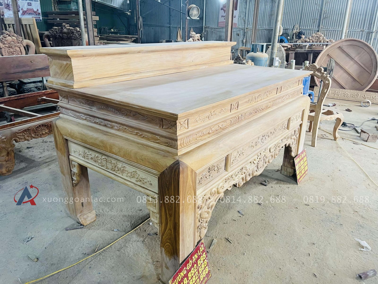 Bản mộc án gian thờ nhị cấp dơi ngũ phúc 2m17 giao Hà Tĩnh 3 án gian nhị cấp gỗ gõ đỏ