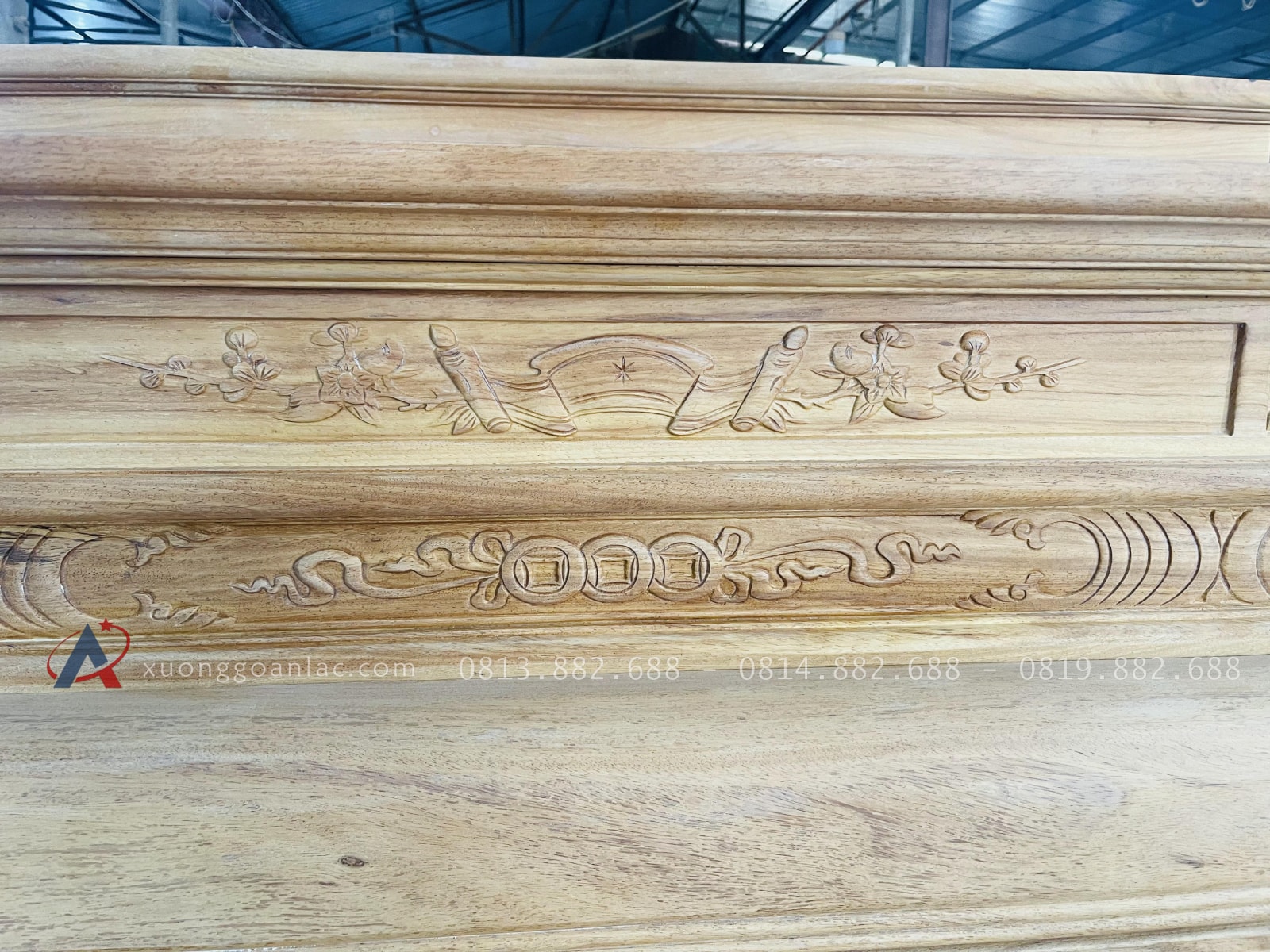 Bản mộc án gian thờ nhị cấp dơi ngũ phúc 2m17 giao Hà Tĩnh 30 cổ án gian đục họa tiết