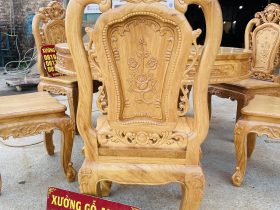 Bộ bàn ăn tròn 6 ghế hồng hạt gỗ gõ đỏ cao cấp (Chị Hằng, Phú Thọ) 17 mặt lưng của ghế ngồi đục tỉa họa tiết sống động