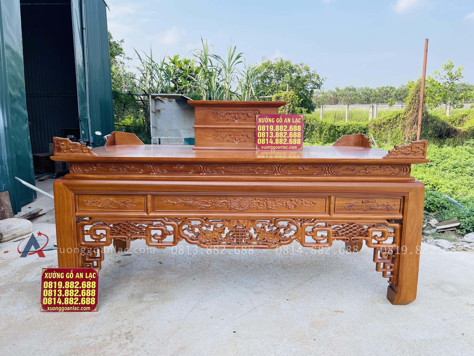 Án gian nhị cấp dơi ngũ phúc 2m57 gỗ gõ đỏ chân 14 giao Quảng Trị 26 mẫu án gian nhị caao dơi ngũ phúc gỗ gõ đỏ lên màu hoàn thiện