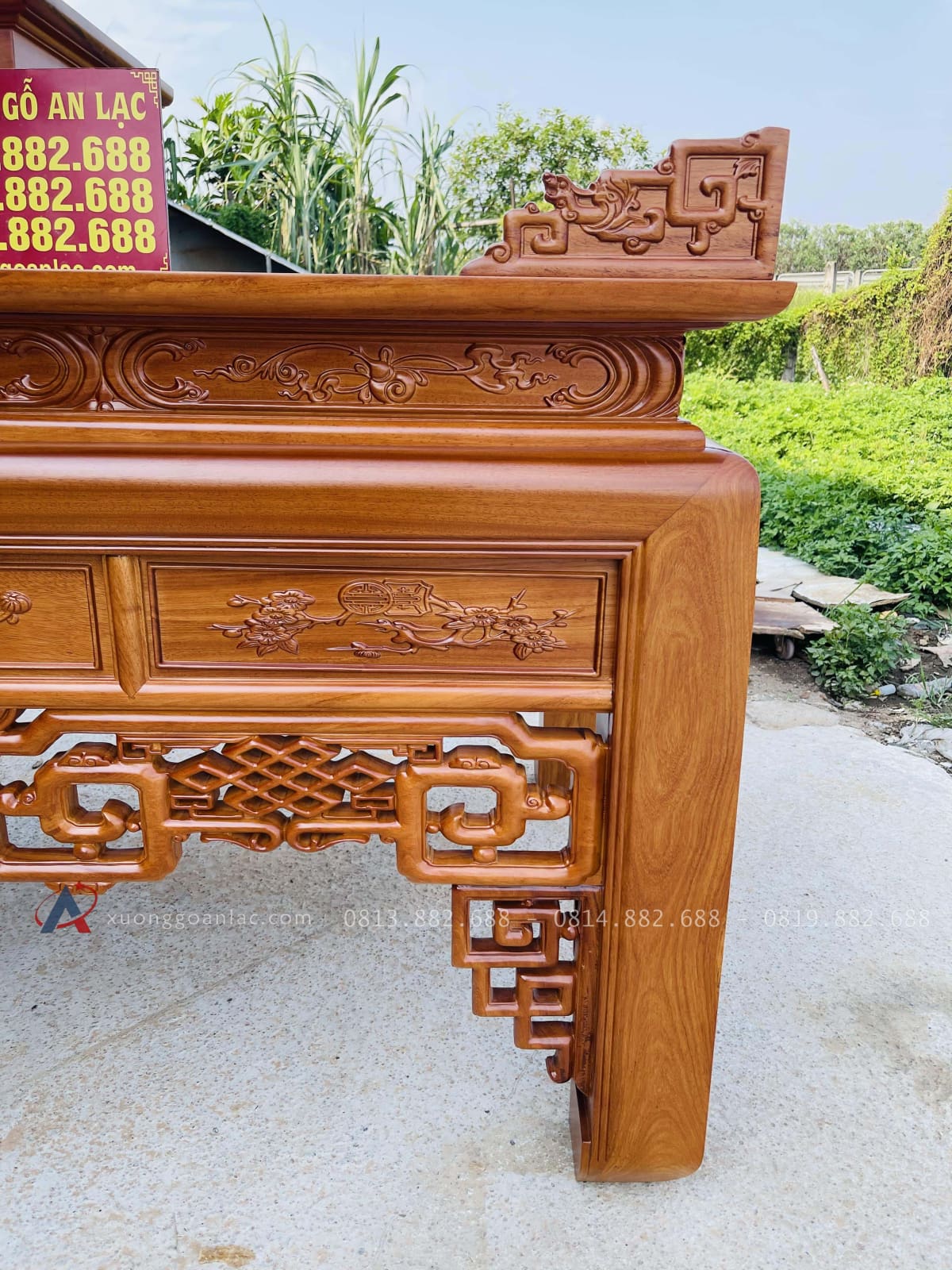 Án gian nhị cấp dơi ngũ phúc 2m57 gỗ gõ đỏ chân 14 giao Quảng Trị 35 chân cột vuông 14p