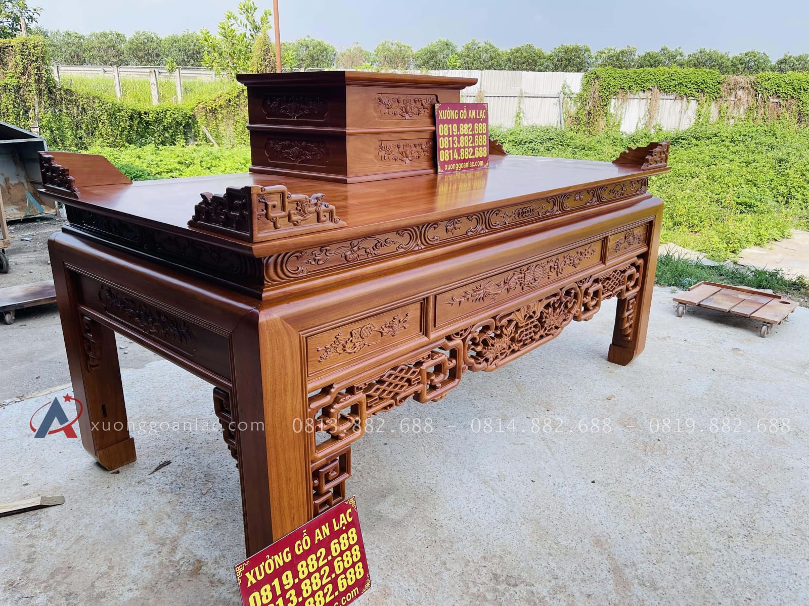 Án gian nhị cấp dơi ngũ phúc 2m57 gỗ gõ đỏ chân 14 giao Quảng Trị 27 mẫu án gian nhị cấp dơi ngũ phúc lên màu hoàn thiện
