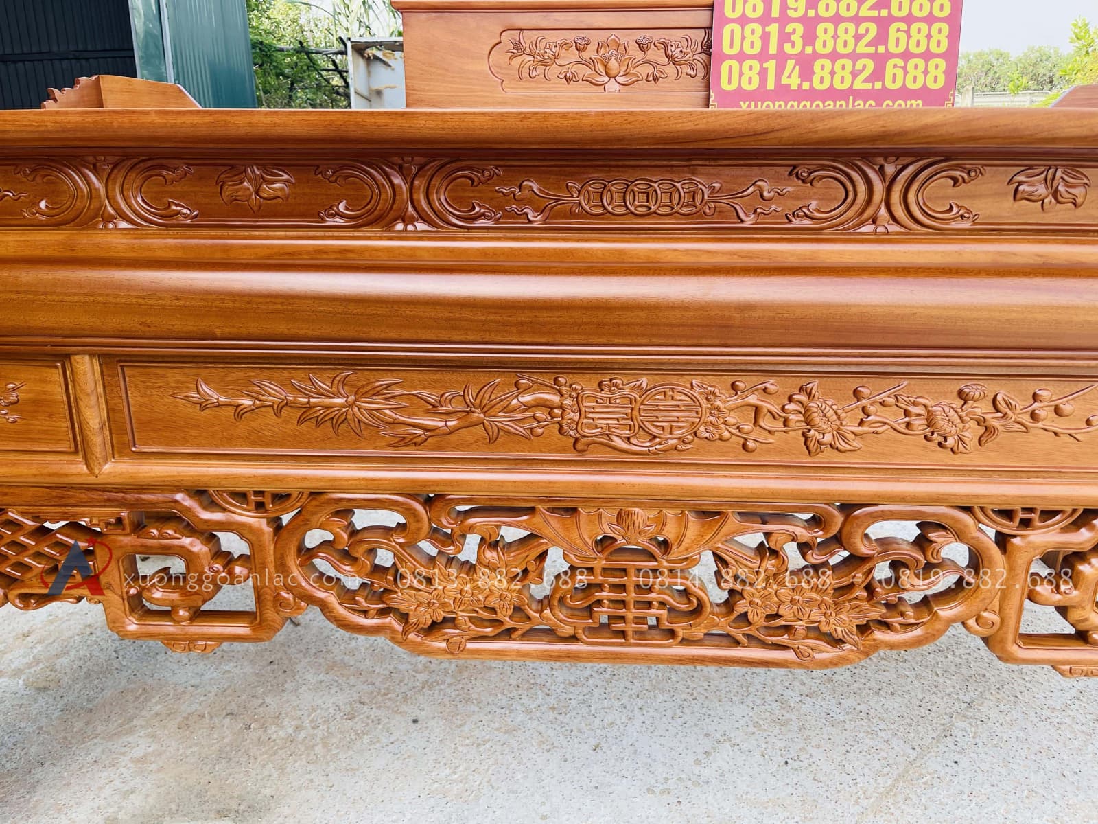 Án gian nhị cấp dơi ngũ phúc 2m57 gỗ gõ đỏ chân 14 giao Quảng Trị 31 dạ trung tâm đục họa tiết tinh xảo