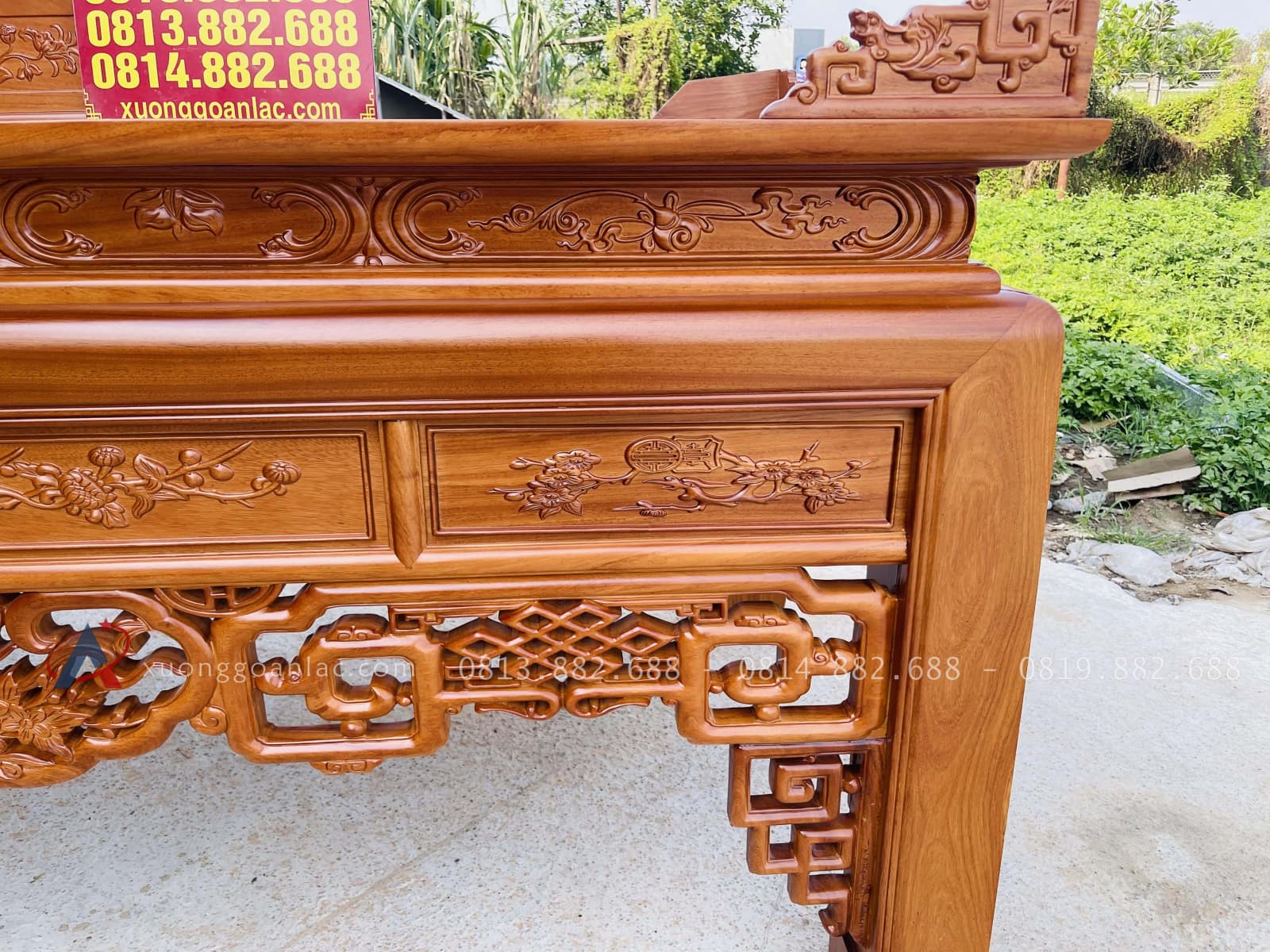 Án gian nhị cấp dơi ngũ phúc 2m57 gỗ gõ đỏ chân 14 giao Quảng Trị 32 yếm chia khung đục tranh tứ quý phúc thọ