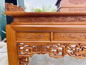 Án gian nhị cấp dơi ngũ phúc 2m57 gỗ gõ đỏ chân 14 giao Quảng Trị 20 cổ sập chạm họa tiết cầu kỳ bắt mắt