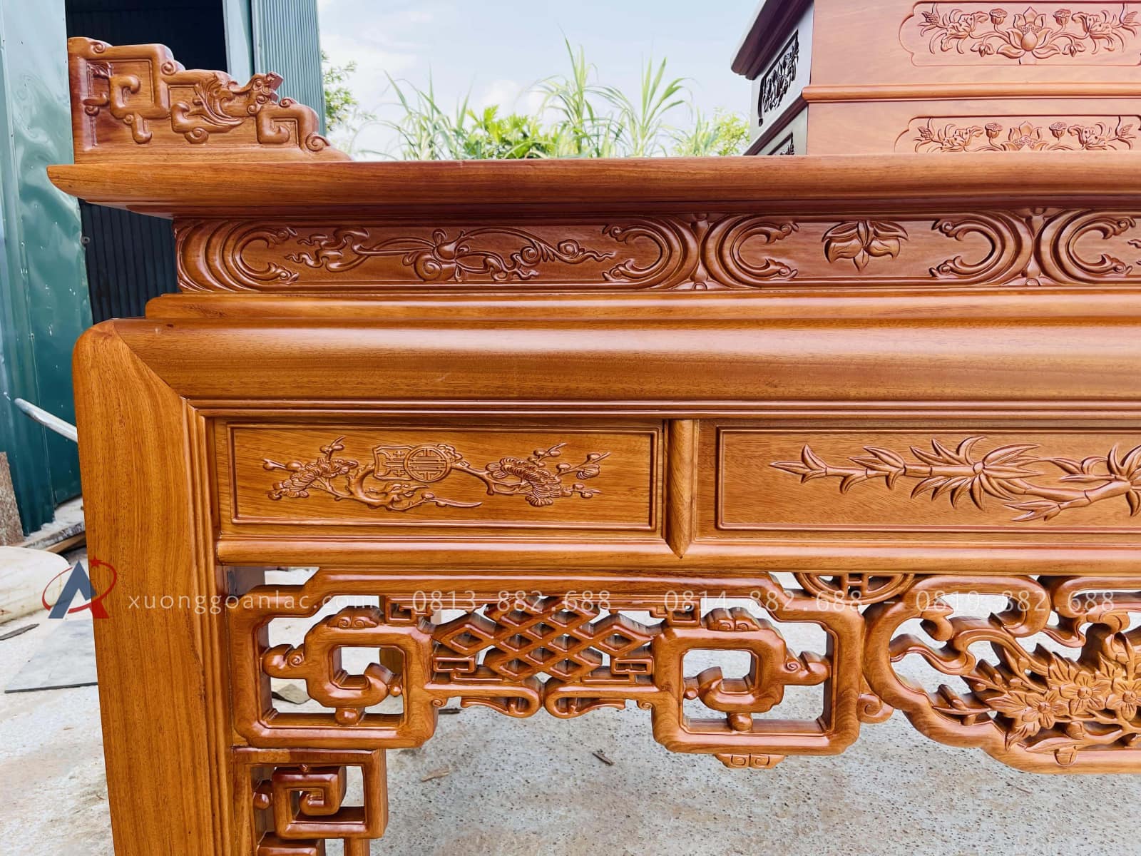 Án gian nhị cấp dơi ngũ phúc 2m57 gỗ gõ đỏ chân 14 giao Quảng Trị 33 cổ sập chạm họa tiết cầu kỳ bắt mắt