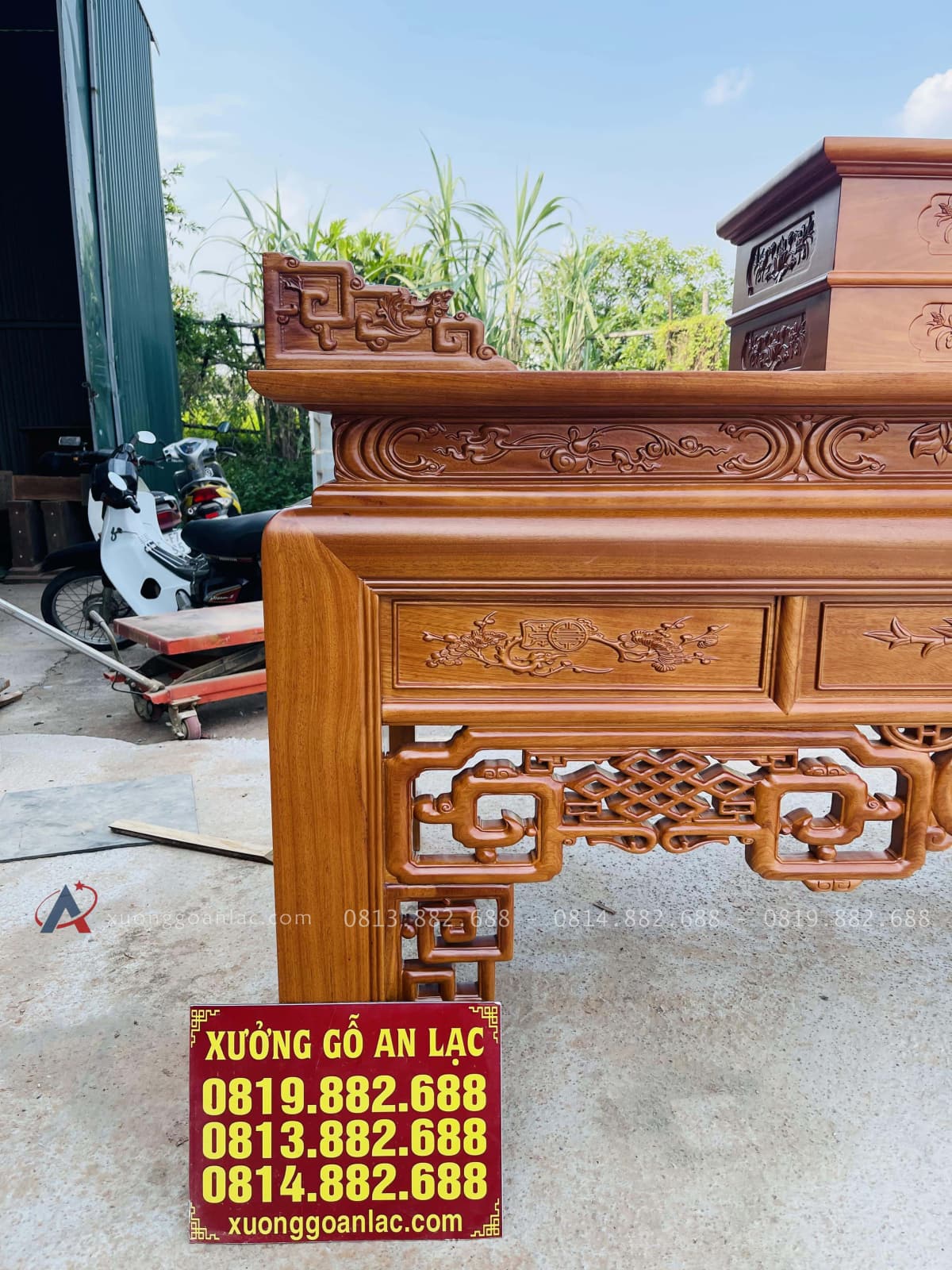 Án gian nhị cấp dơi ngũ phúc 2m57 gỗ gõ đỏ chân 14 giao Quảng Trị 34 án gian gỗ gõ đỏ đục hoa tiết
