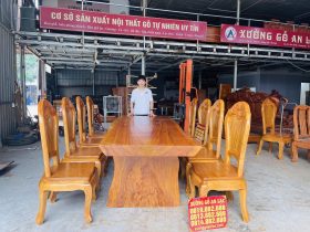 bàn ăn nguyên khối 8 ghế hoa cúc gỗ gõ đỏ