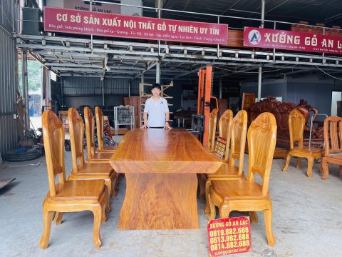 bàn ăn nguyên khối 8 ghế hoa cúc gỗ gõ đỏ