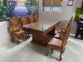 bàn ăn nguyên khối chữ nhật 8 ghế louis gỗ gõ đỏ