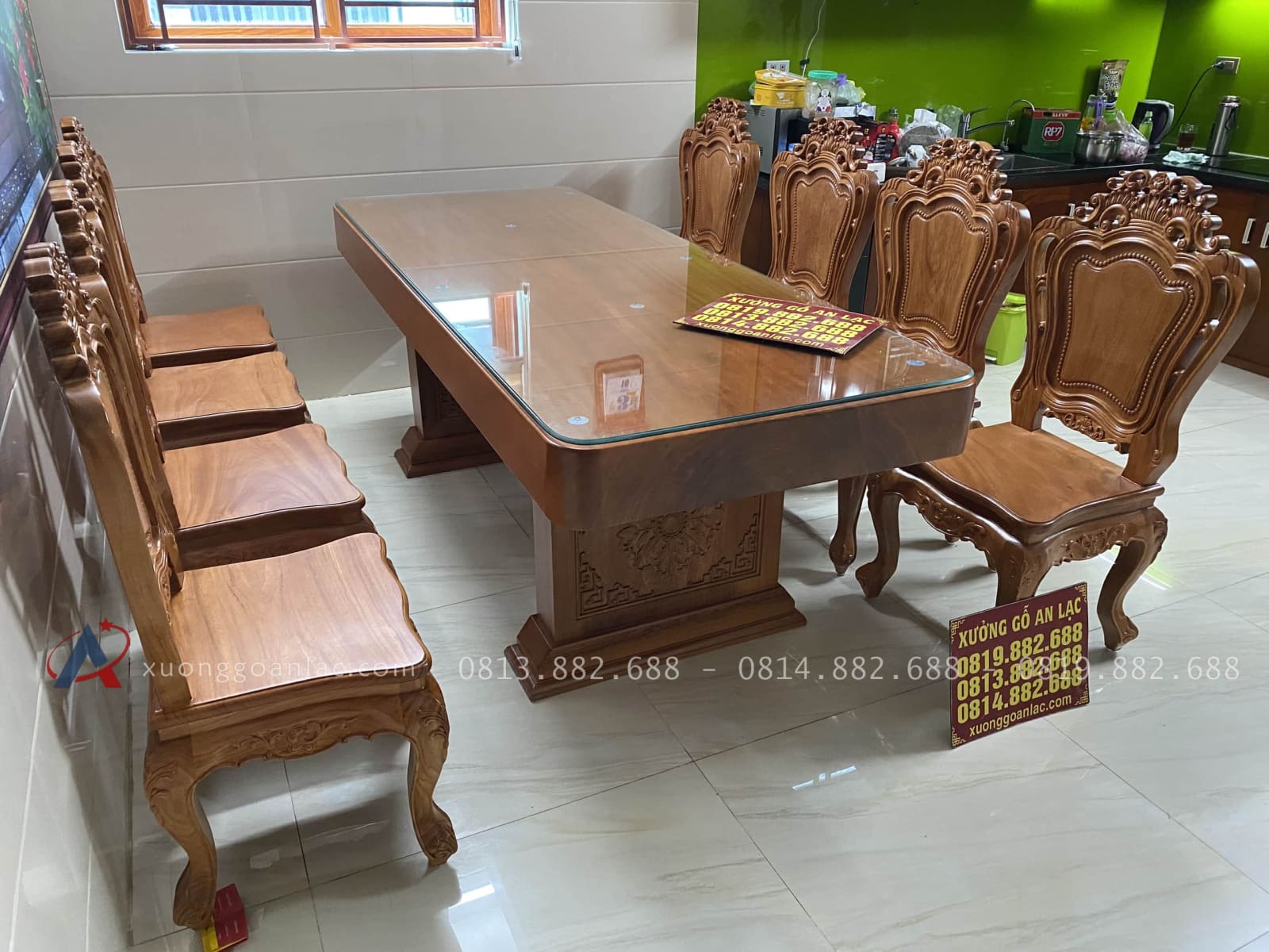 Bộ bàn ăn nguyên khối chữ nhật 8 ghế louis gỗ gõ đỏ hàng vip (Anh Khởi, Tp. Hồ Chí Minh) 42 bộ bàn ghế ăn lúi hoàng gia