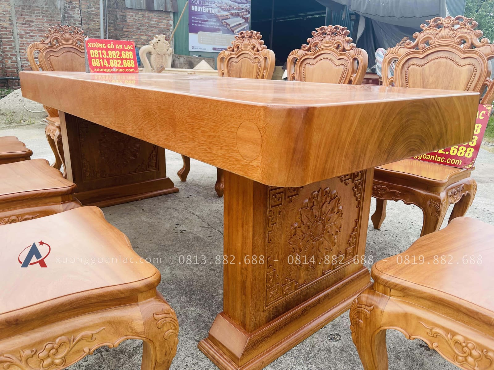 Bộ bàn ăn nguyên khối chữ nhật 8 ghế louis gỗ gõ đỏ hàng vip (Anh Khởi, Tp. Hồ Chí Minh) 34 chân bàn gỗ gõ nguyên khối