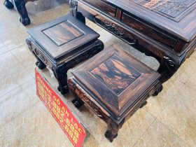 2 đôn ngồi gỗ mun hoa Lào