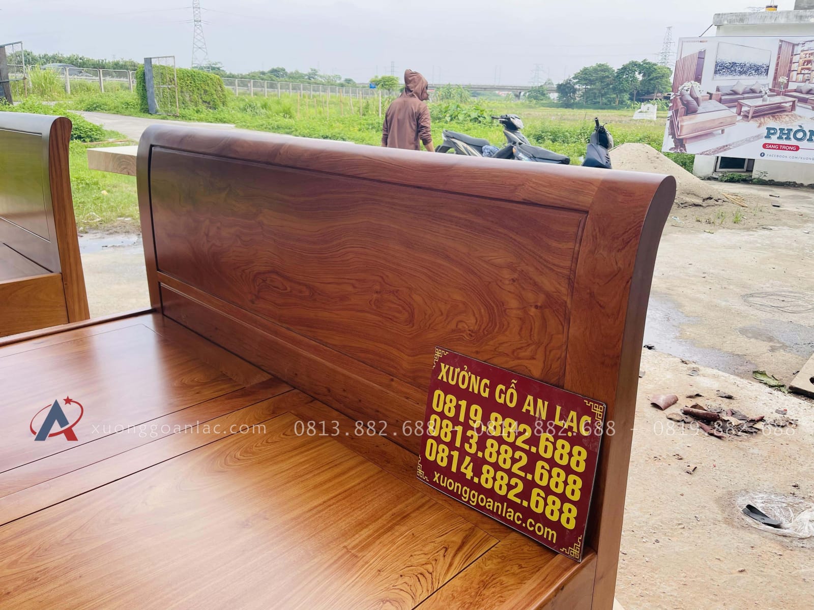 Giường trơn gỗ Hương dát phản 180x200cm 22 vách đầu giường trơn