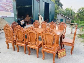 Siêu phẩm bàn ăn chữ nhật 10 ghế hồng hạt gỗ hương đá cao cấp (Chị Phượng, Hải Phòng) 23 tổng thể mẫu bàn ăn 10 ghế louis hoàng gia