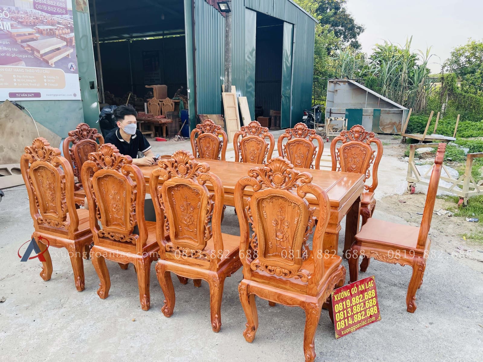 Siêu phẩm bàn ăn chữ nhật 10 ghế hồng hạt gỗ hương đá cao cấp (Chị Phượng, Hải Phòng) 35 tổng thể mẫu bàn ăn 10 ghế louis hoàng gia