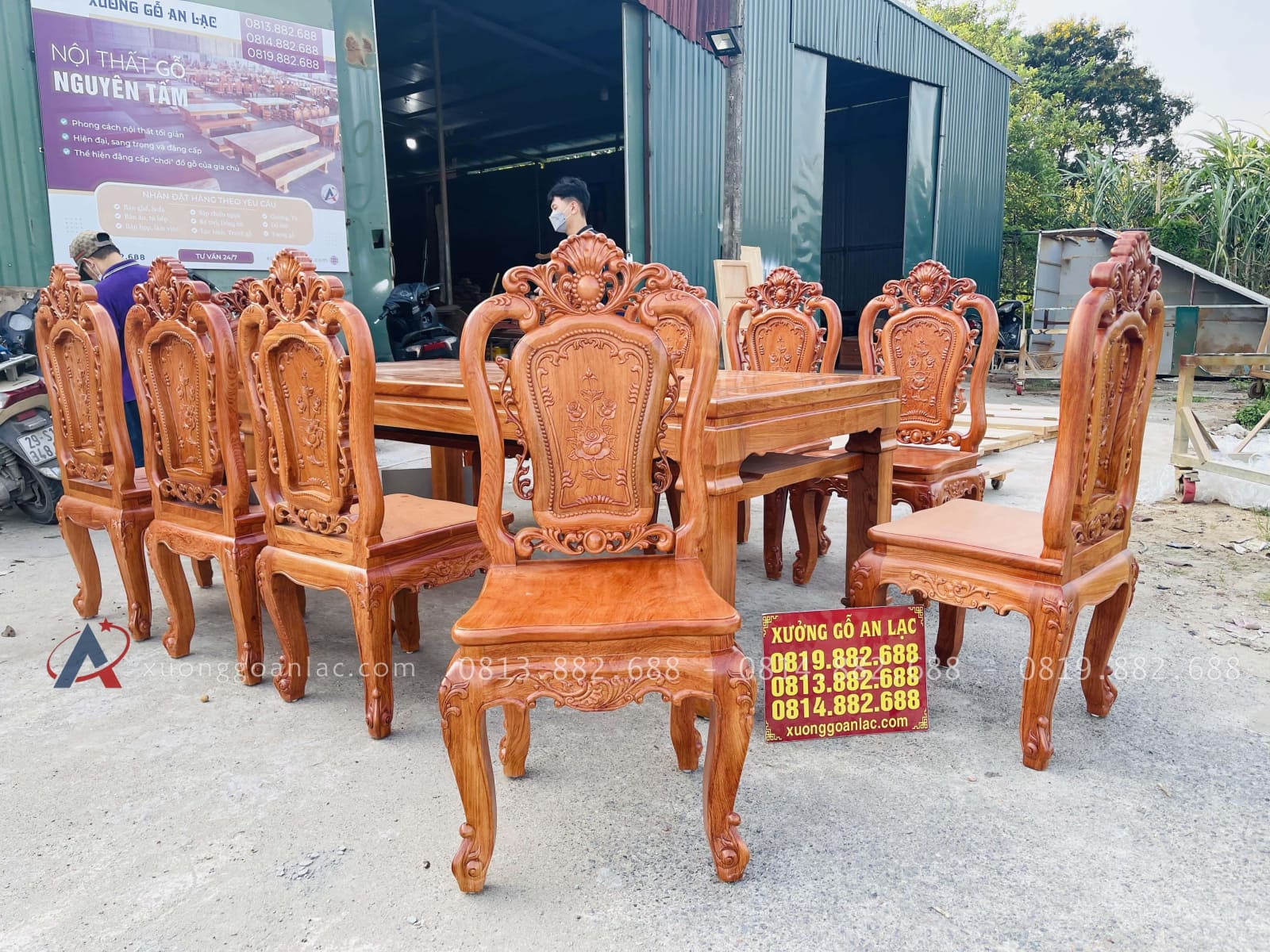 Siêu phẩm bàn ăn chữ nhật 10 ghế hồng hạt gỗ hương đá cao cấp (Chị Phượng, Hải Phòng) 30 bộ 10 ghế louis hoàng gia tân cổ điển