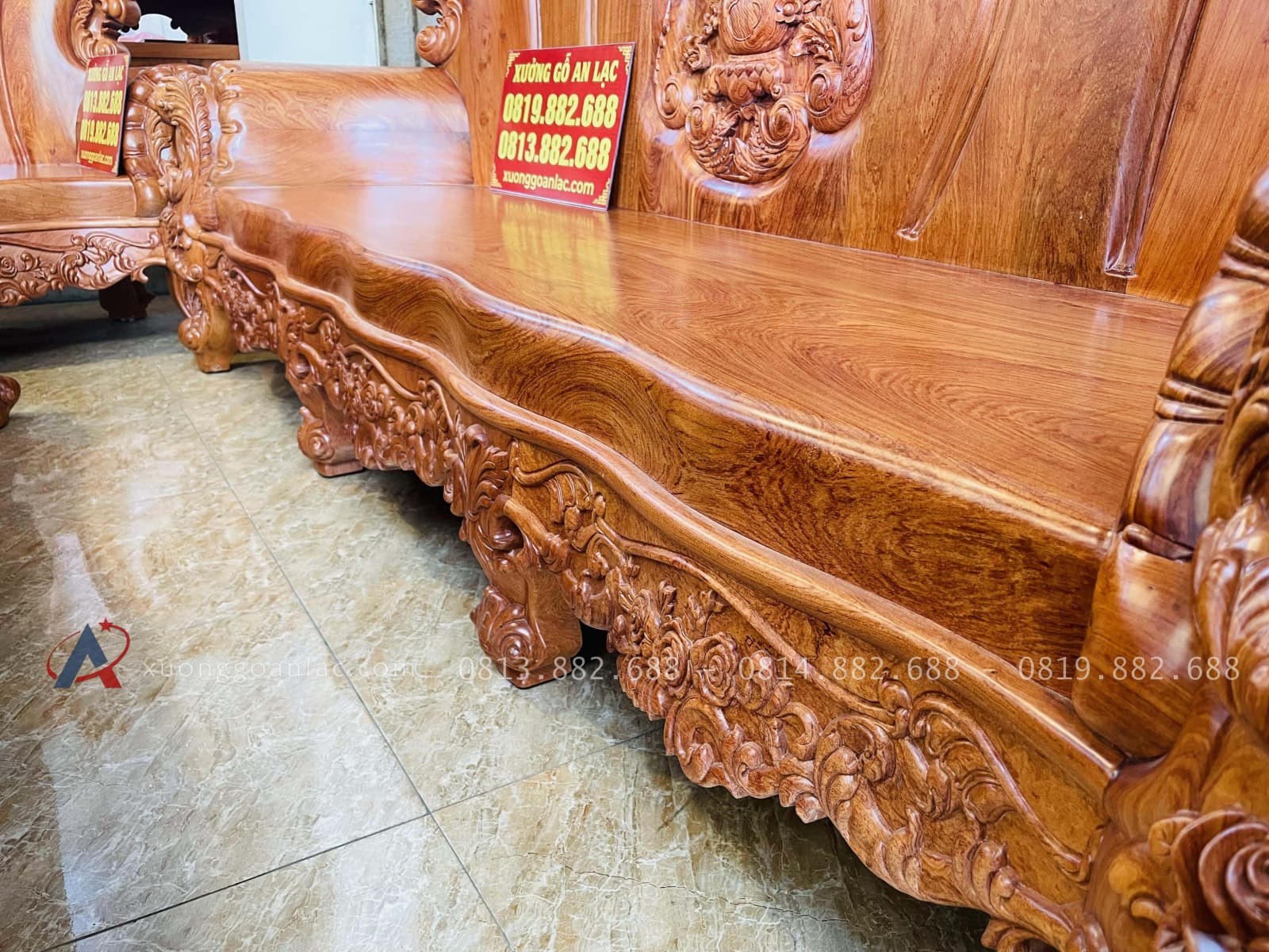 Mẫu bàn ghế hoàng gia nguyên khối 10 món gỗ hương đá (Chú Sang,Lộc Ninh) 52 đoản dài 8 chân đục hoa lá tây