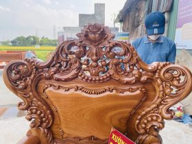 Bộ bàn ghế louis hoàng gia nguyên khối 6 món gỗ gõ đỏ của Chú Minh , Quy Nhơn 28 chương ghế đục hoa hồng nở rộ