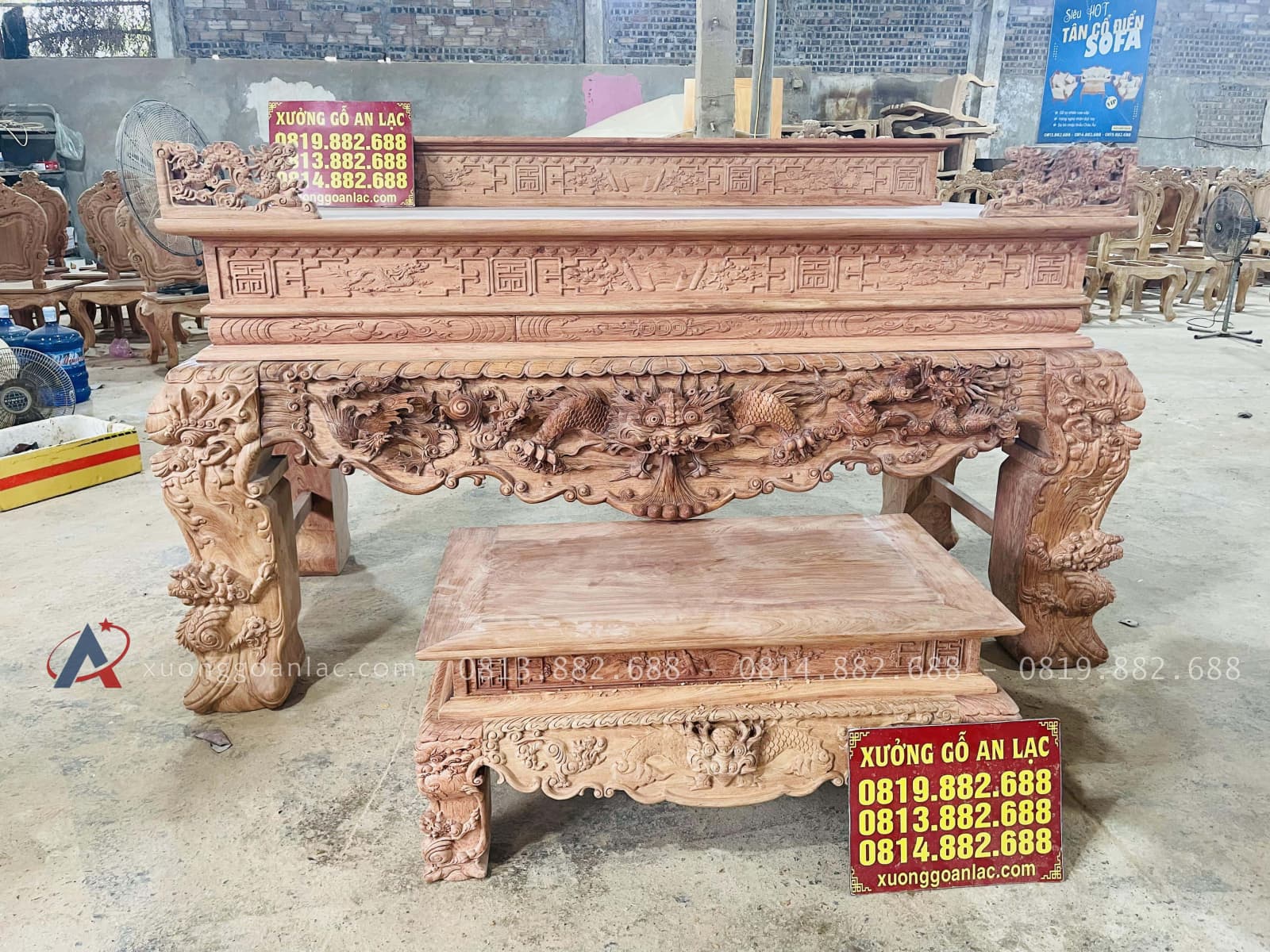 Nguyên mộc sập thờ tứ linh nhị cấp 2m17 giao Bình Thuận 32 sấp thờ tứ linh gỗ hương đá hoàn thiện mộc