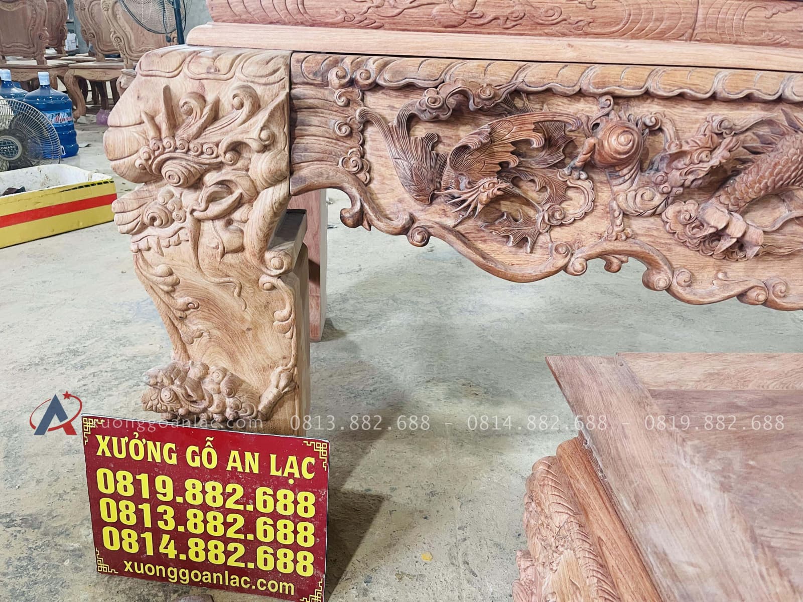 Nguyên mộc sập thờ tứ linh nhị cấp 2m17 giao Bình Thuận 42 hình tượng phượng hoàng đục tay