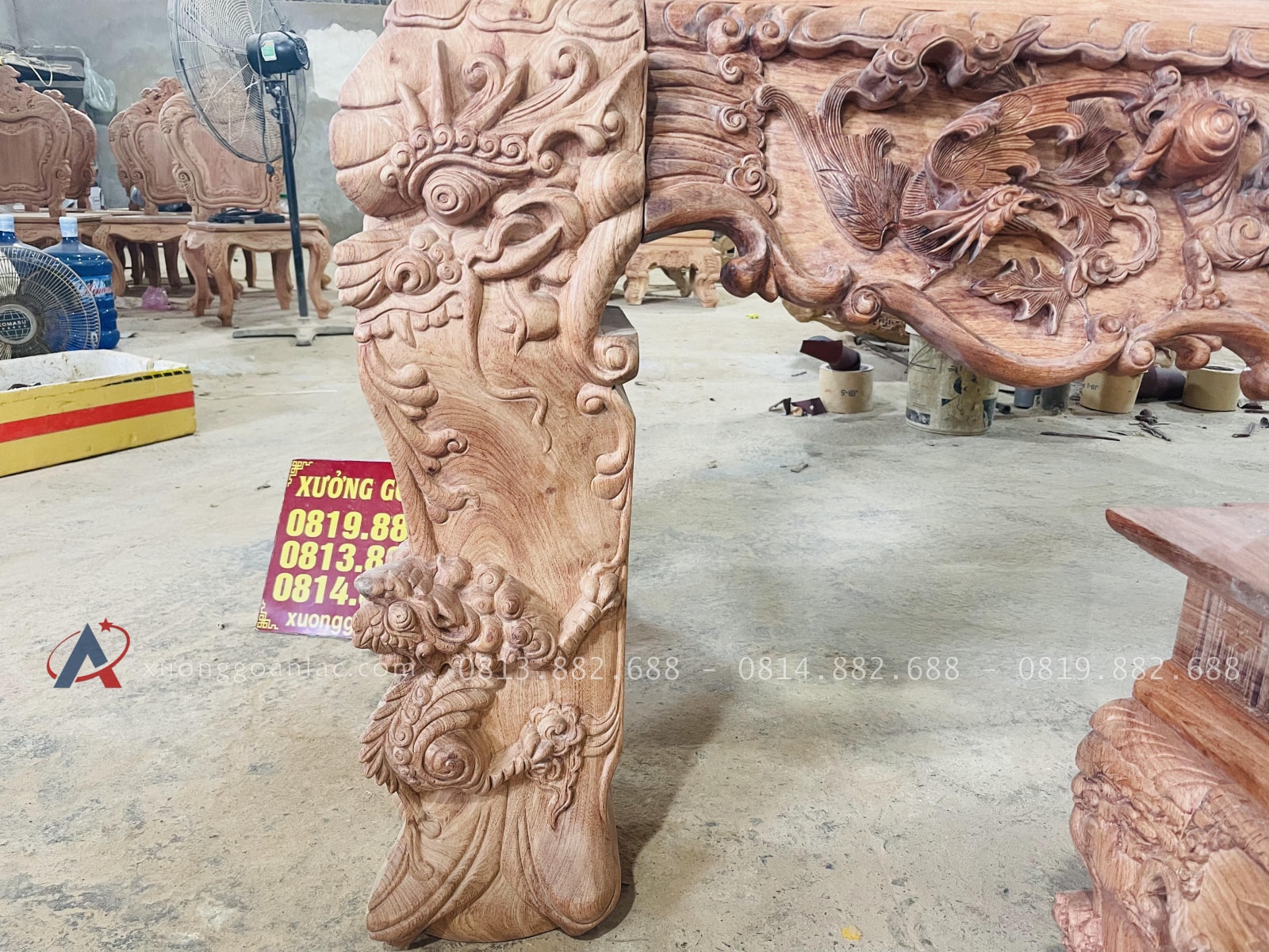 Nguyên mộc sập thờ tứ linh nhị cấp 2m17 giao Bình Thuận 43 sập thờ đục tứ linh phong thủy