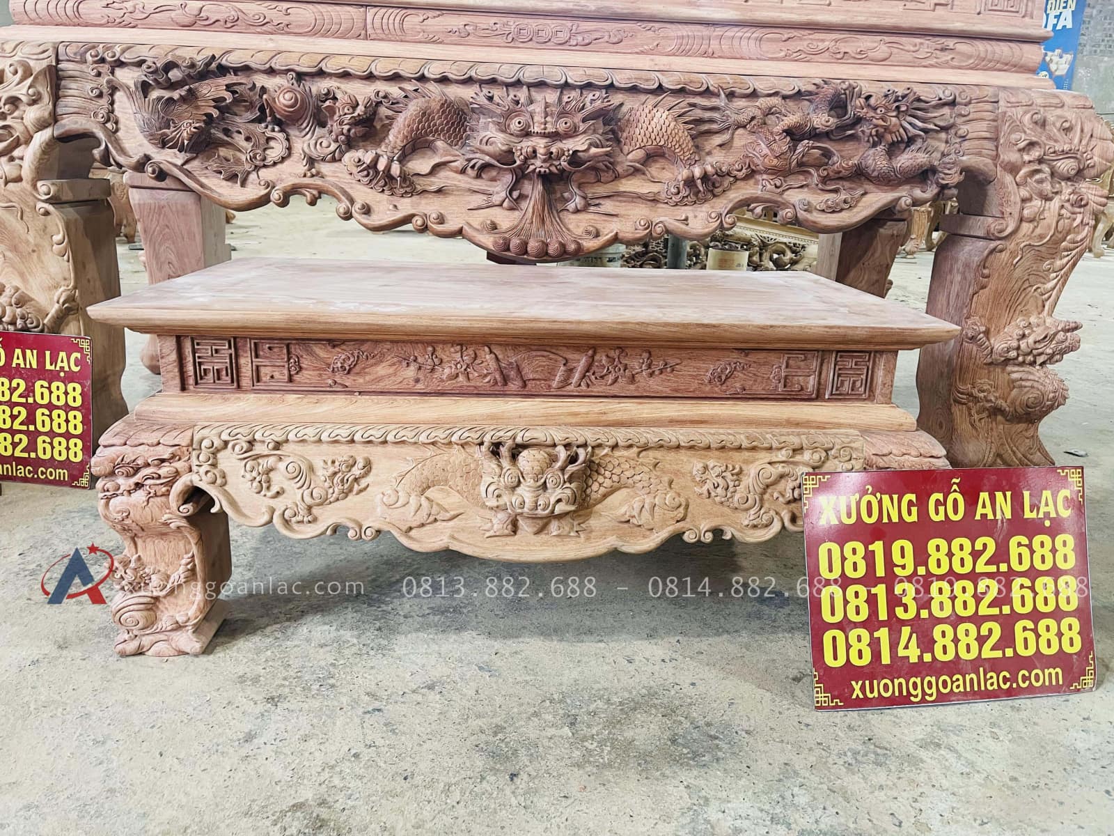 Nguyên mộc sập thờ tứ linh nhị cấp 2m17 giao Bình Thuận 45 bàn cơm đi kèm sập thờ