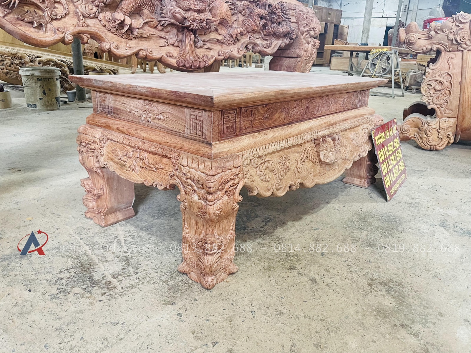 Nguyên mộc sập thờ tứ linh nhị cấp 2m17 giao Bình Thuận 15 bàn cơm đục tỉa họa tiết tinh xảo