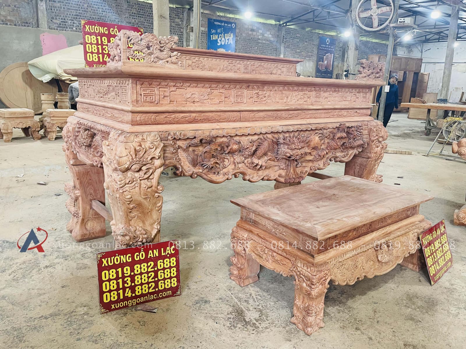Nguyên mộc sập thờ tứ linh nhị cấp 2m17 giao Bình Thuận 33 combo sập thờ và bàn cơm gỗ hương đá