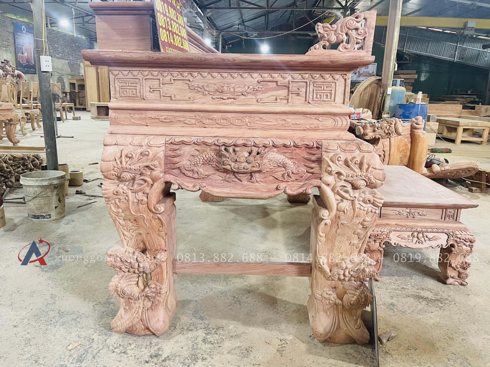 Nguyên mộc sập thờ tứ linh nhị cấp 2m17 giao Bình Thuận 34 mâu sập thờ bề thế đục tứ linh